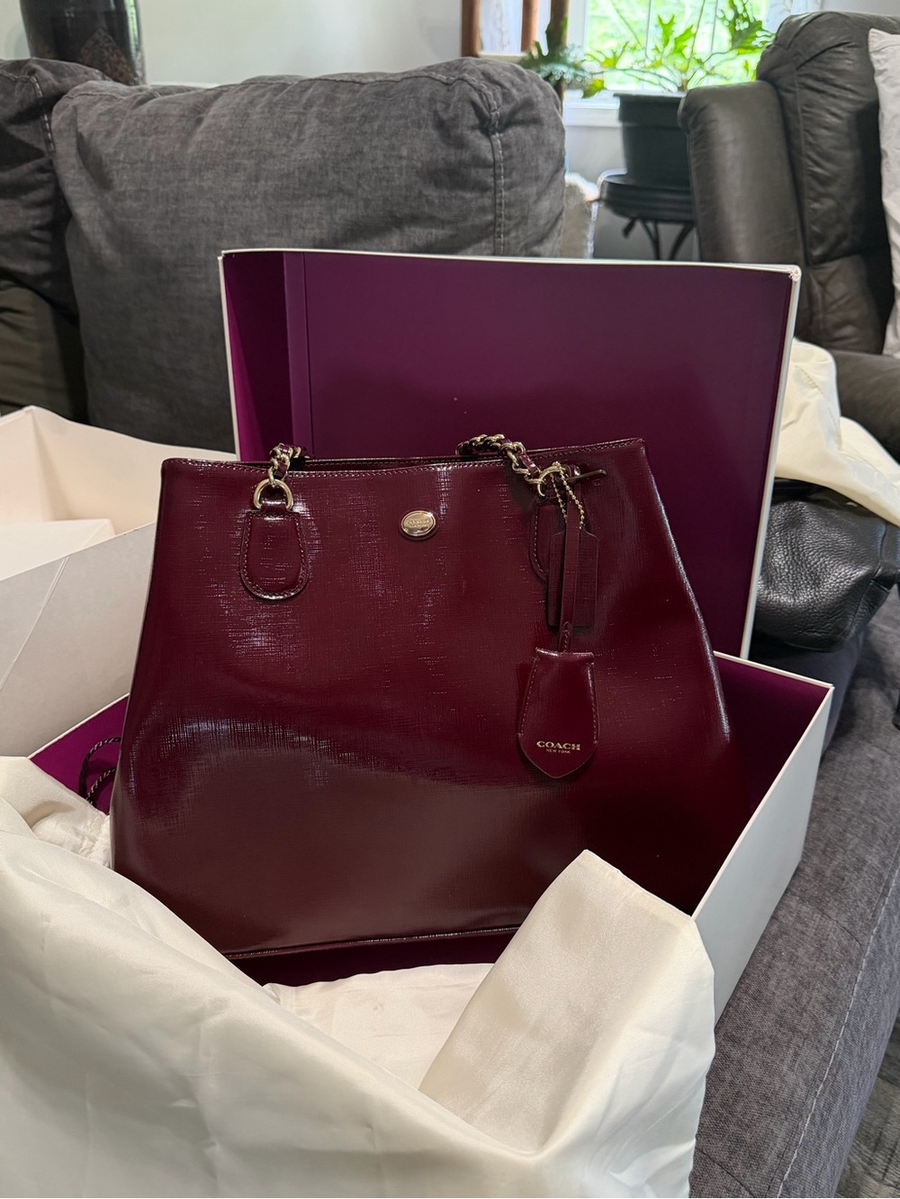Coach Glossy Patent Tote in Deep Burgundy